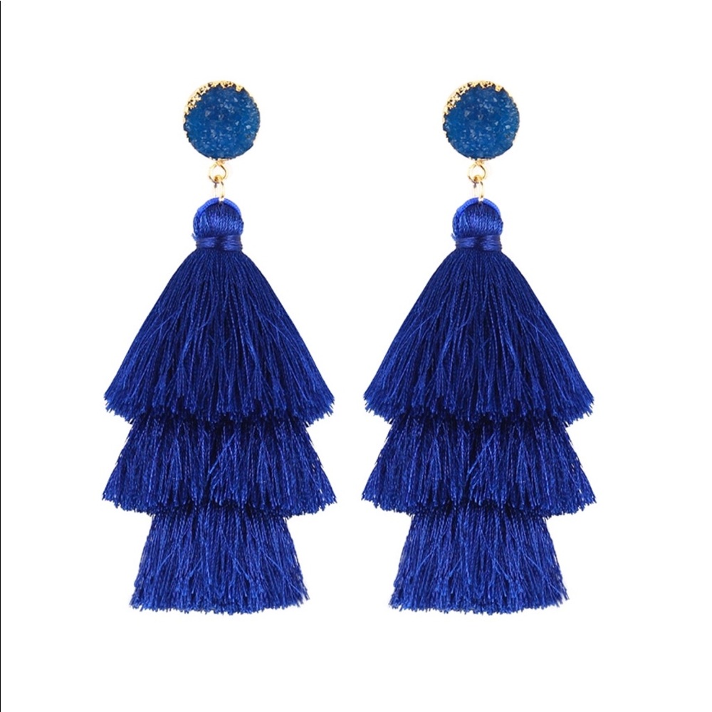 Royal Blue Faux Druzy Tassel Earrings